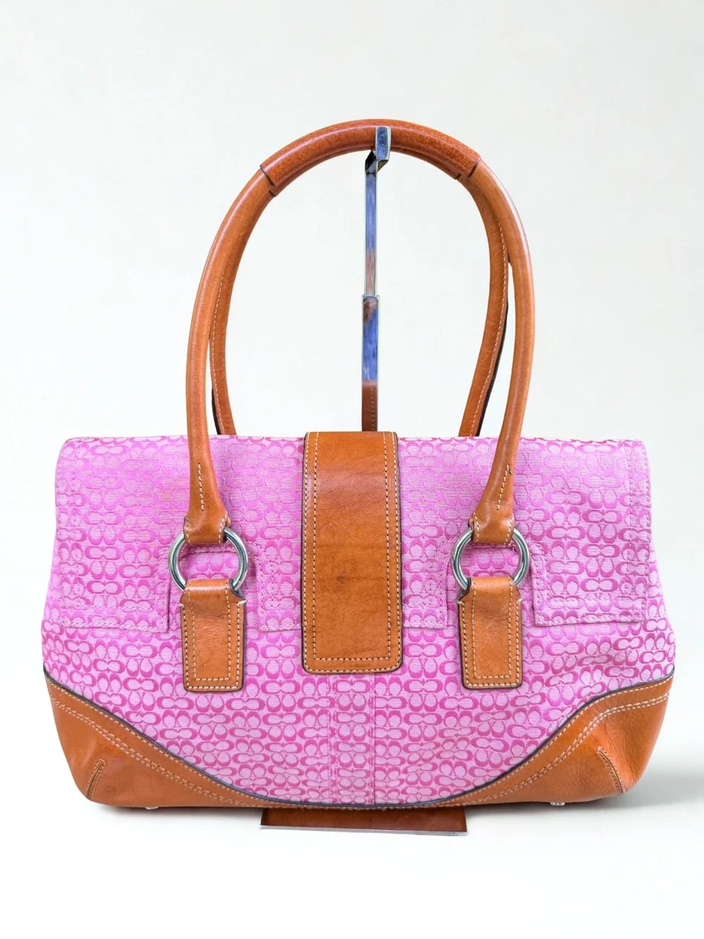Coach Pink Canvas Satchel with Tan Leather Trim and Buckle Barbiecore